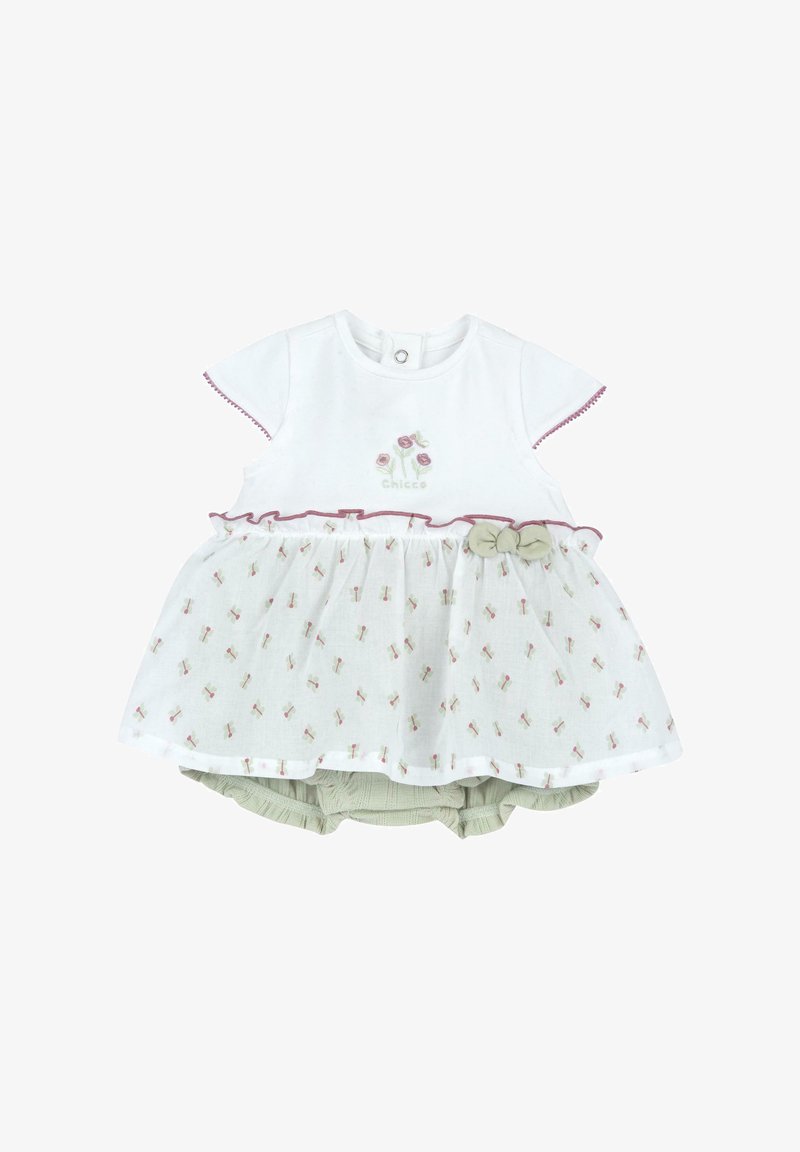 Robe blanche avec accents roses, manches courtes, et fleurs brodées. Taille froncée avec motif floral, assortie à un bloomer vert clair.