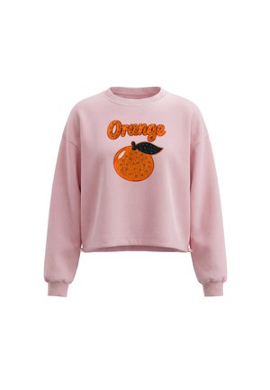 Lyserød cropped sweatshirt med lange ærmer, med en palietbeklædt appelsin og ordet "Orange" på brystet.