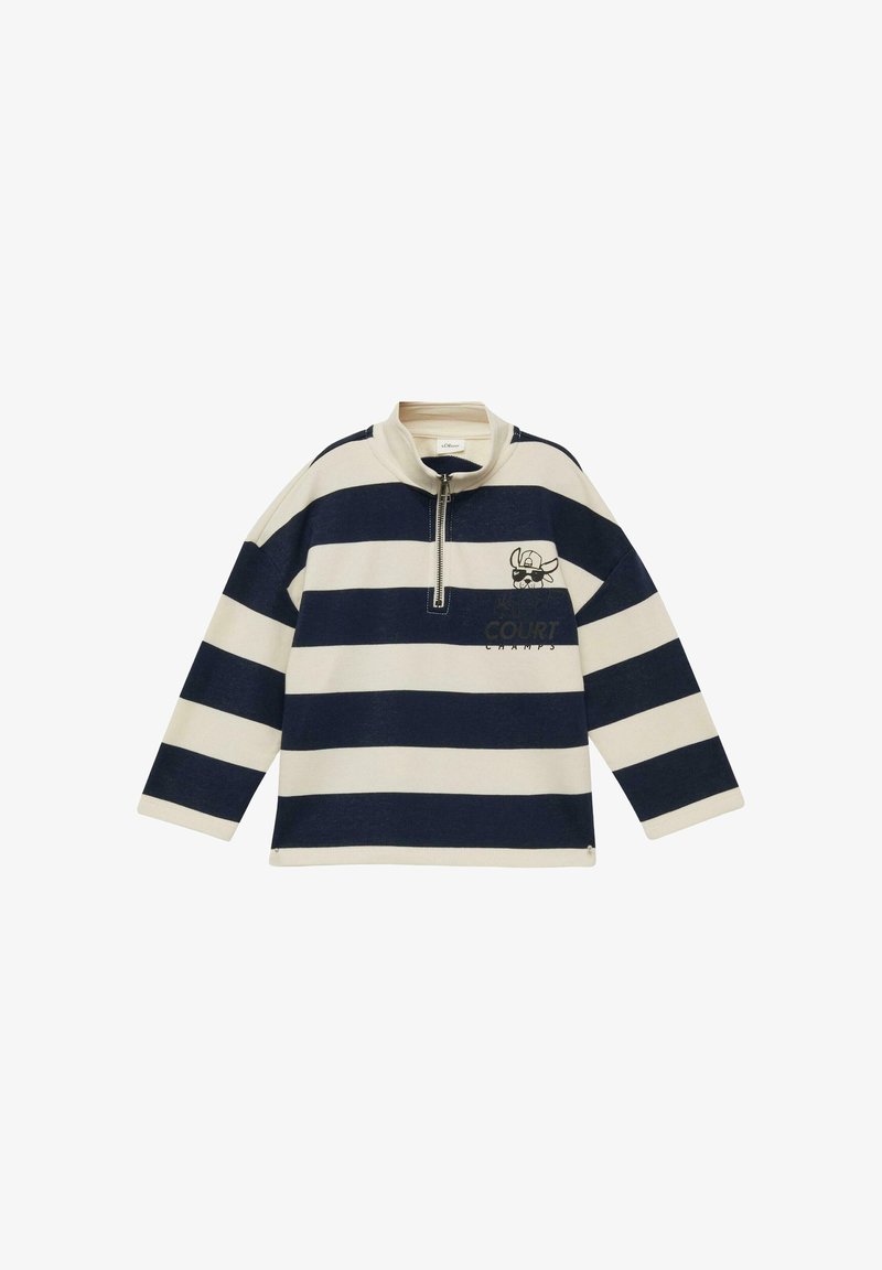 Dlouhý rukáv mikina s námořnicky modrými a bílými vodorovnými pruhy, půlzipový límec a malý obrázek psa s čepicí na hrudi.