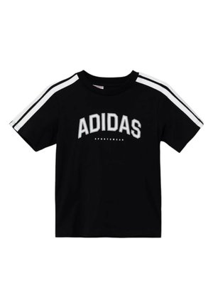 Camiseta deportiva Adidas negra de manga corta con franjas blancas en los hombros y el logo "ADIDAS" en letras blancas en negrita en el frente.