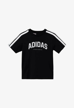 Camiseta deportiva Adidas negra de manga corta con franjas blancas en los hombros y el logo "ADIDAS" en letras blancas en negrita en el frente.