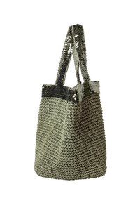 Woven tote bag in olive green with crochet texture, featuring shiny sequin accents on the top and sturdy fabric handles.