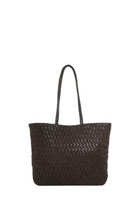 Brown woven tote bag with elongated handles, rectangular shape, textured surface, and a zigzag pattern throughout. No hardware or accents visible.