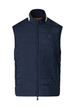 Gilet smanicato trapuntato blu navy con cerniera frontale, collo alto, dettagli bianchi sulle spalle e piccolo logo sul petto sinistro.