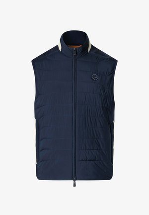 Veste matelassée sans manches bleu marine avec fermeture éclair frontale, col montant, accents blancs sur les épaules, et petit logo sur le côté gauche de la poitrine.