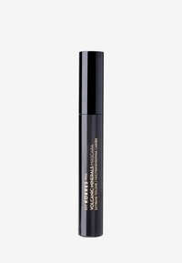 Tubetto di mascara nero con un design cilindrico elegante. Dettagli testuali dorati riportano "Mascara Minerali Vulcanici Korres" e descrizione del prodotto.