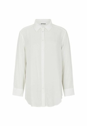 Weiße Langarmbluse mit spitzem Kragen, Knopfleiste und Manschetten, aus einem glatten Material mit leicht transparentem Textur.