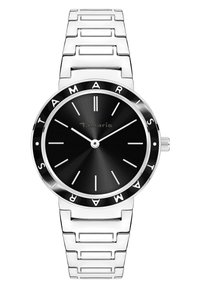 Silbernes Metallarmband mit schwarzem Zifferblatt, runder Uhr und minimalistischen Stundenmarkierungen. Beinhaltet den Markennamen "Tamaris" auf der Lünette.