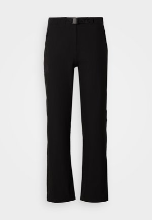 Schwarze Hose mit geradem Bein, ausgestattet mit einem integrierten verstellbaren schwarzen Gürtel und Reißverschluss, vor einem schlichten weißen Hintergrund präsentiert.