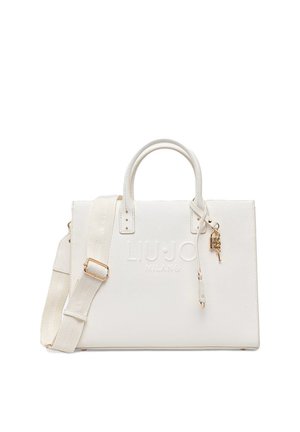 Borsa a mano in pelle bianca con texture, manici superiori, tracolla regolabile, logo "Liu Jo Milano" in rilievo e ciondolo a forma di chiave color oro.