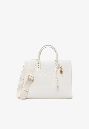 Sac à main en cuir blanc texturé avec poignées supérieures, bandoulière réglable, logo embossé "Liu Jo Milano" et breloque clé en métal doré.
