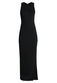 Mustat hihattomat maksi-mekot, joissa on farkut muotoilu, sivuhalkio ja sileä pinta. Valmistettu venyvästä kankaasta, tarjoten virtaviivaisen siluetin.