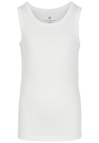 Hvid bomulds tanktop med rund halsudskæring og uden ærmer. Glat tekstur, ensfarvet og med lige snit.
