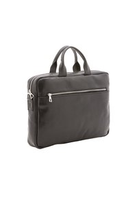 Borsa per laptop in pelle nera con due manici, dotata di una tasca frontale con zip e texture liscia. Forma rettangolare con design minimalista.