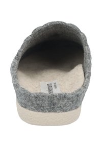 Gray felt slipper with a rounded back, plush interior, and a textured off-white sole. Features a label inside the shoe.