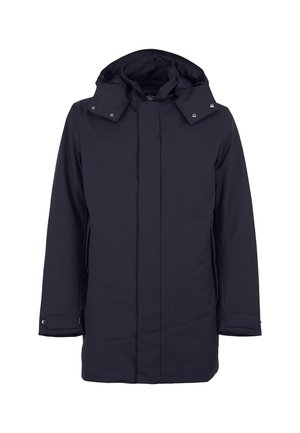 Parka impermeabile blu navy, caratterizzata da un alto collo, cappuccio staccabile, tasche con zip e dettagli con bottoni a pressione, realizzata in tessuto resistente.