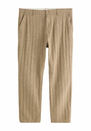 Pantalon beige en velours côtelé à jambe droite avec fermeture avant à bouton et fermeture éclair, passants pour ceinture et poches latérales.