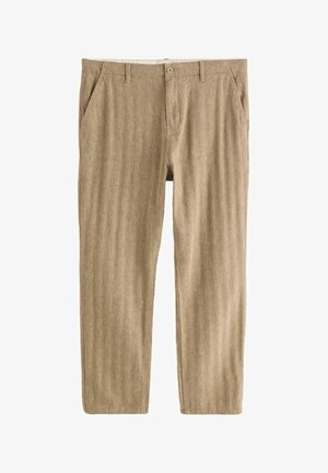 Beige corduroy broek met rechte pijpen, voorzijde met knoop- en ritssluiting, riemlussen en steekzakken aan de zijkant.