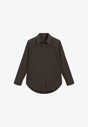 Donkerbruin overhemd met lange mouwen, knoopsluiting en een klassieke kraag, met een gebogen zoom, gemaakt van een gladde stof.