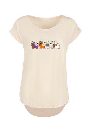 Light beige t-shirt with short sleeves and a rounded neckline. Features a colorful cartoon print of dogs in Halloween costumes across the front.