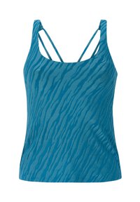 Teal tanktop met een lineair tijgerstrippatroon, voorzien van een ronde hals en dubbele spaghetti bandjes. Zachte, elastische stof.