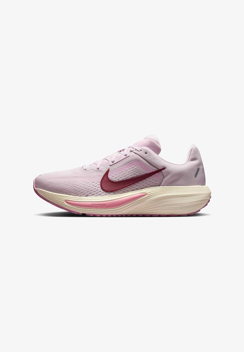 Light pink running shoe with maroon Nike swoosh, cream midsole, pink cushioning detail, and breathable mesh upper in side view.