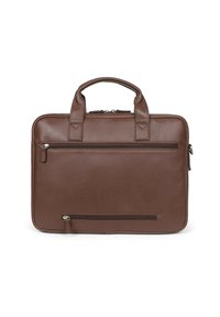 Borsa per laptop in pelle marrone con forma rettangolare, maniglie superiori doppie, tasche esterne con zip e dettagli di cucitura sottili.