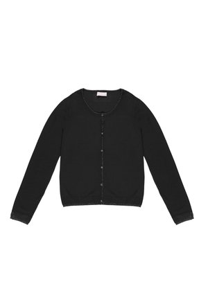 Cardigan nero con maniche lunghe, scollo rotondo e chiusura con bottoni. Presenta un bordo texturizzato e una finitura in tessuto liscio.