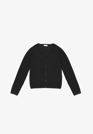 Cardigan nero con maniche lunghe, scollo rotondo e chiusura con bottoni. Presenta un bordo texturizzato e una finitura in tessuto liscio.