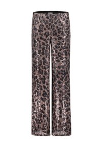 Pantalons en imprimé léopard pailleté avec une coupe large. La couleur présente un mélange de brun foncé et de noir sur une base marron clair. Taille plate.