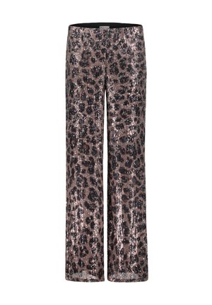 Pailletten-Löwenmuster-Hosen mit weitem Bein. Die Farbe besteht aus einer Mischung aus dunklem Braun und Schwarz auf einem hellbraunen Grund. Flacher Bund.
