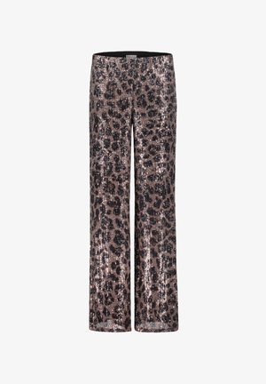 Pailletten-Löwenmuster-Hosen mit weitem Bein. Die Farbe besteht aus einer Mischung aus dunklem Braun und Schwarz auf einem hellbraunen Grund. Flacher Bund.