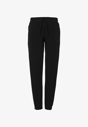 Black sweatpants made of soft fabric, featuring an elastic waistband, adjustable drawstring, and tapered legs. No visible patterns or accents.