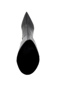 Black leather pointed-toe knee-high boot with a smooth finish and a wide opening at the top for easy wear. Simple design with no visible hardware.
