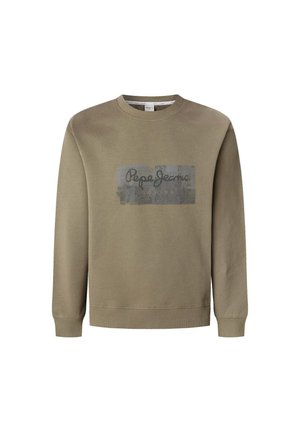 Maslinasto zeleni dukserica od mekog materijala, sa pravokutnim sivim logotipom s tekstom "Pepe Jeans London" na prednjem dijelu, dugim rukavima i okruglim izrezom.