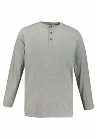 Langärmliges graues T-Shirt aus weicher Baumwolle mit rundem Ausschnitt, Drei-Knopf-Leiste und kleiner Logo-Stickerei auf der Brust.