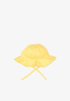 Cappellino da sole giallo per bambini con tesa larga leggermente arricciata e legacci sotto il mento, realizzato in tessuto morbido.