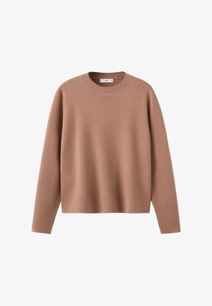 Pulover maro deschis cu gât rotund, mâneci lungi, guler cu refiletare și un design simplu, tricotat neted.