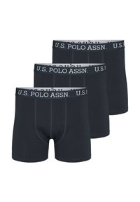 Három pár sötétkék boxer alsó, elasztikus derékpánttal, amelyen fehér színnel van nyomtatva a "U.S. POLO ASSN." felirat, valamint kontrasztos varrási részletekkel.