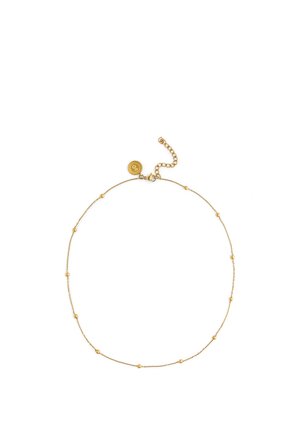 Collar delicado de cadena de oro con pequeñas cuentas redondas espaciadas uniformemente y un cierre de langosta, con una extensión ajustable y un pequeño charm redondo.