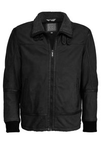 Sort læderjakke med lynlås foran, en blød, shearling-fodret krave og ribbede manchetter med detaljestik og accentbånd.