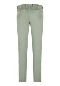 Lichtgroene corduroy broek met een slim fit ontwerp, rechte pijpen en twee achterzakken met messing knoopdetails.