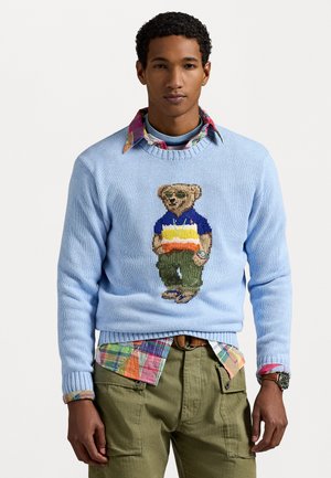 Pull en tricot bleu clair avec un graphique d'ours portant des lunettes de soleil, porté sur une chemise à carreaux multicolore. Un pantalon décontracté vert olive complète le look.