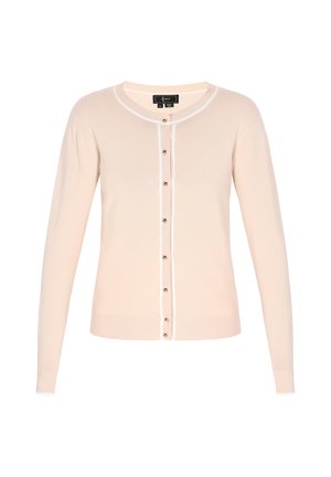 Cardigan rosa claro hecho de un suave tejido de punto, con un neckline redondo, cierre de botones y un borde blanco contrastante a lo largo del pliegue.