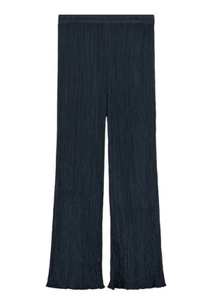 Marineblauwe, wijde broek met een textuur en geplooid ontwerp en een elastische tailleband. Lichtgewicht stof met een vloeiende uitstraling.