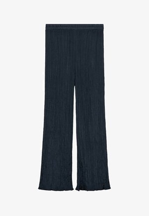 Marineblauwe, wijde broek met een textuur en geplooid ontwerp en een elastische tailleband. Lichtgewicht stof met een vloeiende uitstraling.