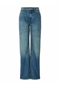 Široke plave traperice izrađene od denima s ispiranjem. Sadrže petlje za remen, prednje džepove i zatvaranje na zip s metalnim gumbom.