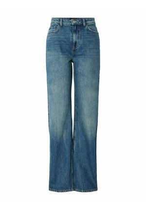 Jeans bleus à jambe large en denim avec un délavage. Présentent des passants de ceinture, des poches avant et une fermeture éclair avec un bouton en métal.
