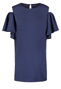 Haut bleu marine avec des manches courtes et flottantes, un col rond et un dos en forme de goutte. Confectionné dans un tissu lisse avec une coupe décontractée.