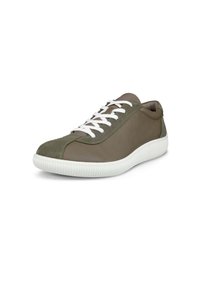 Olive green sneakers with a textured leather upper and suede accents. Features white laces and a white rubber sole with ridged texture.